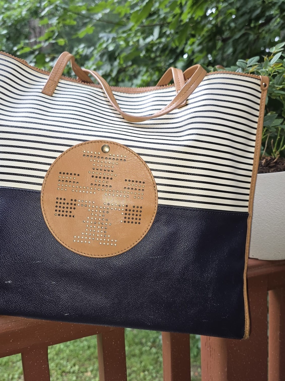 Tory Burch Navy & White Striped Tote with Tan Trim